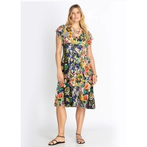 Johnny Was Multicolor Floral V-Neck Midi Dress
